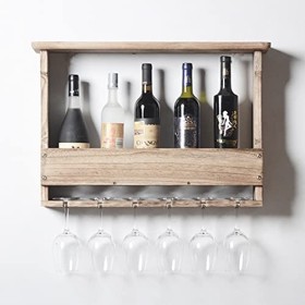 PUCHEN Casier à vin mural, support de verre à vin suspendu en bois et porte-bouteille, support de verres à pied, organisateur