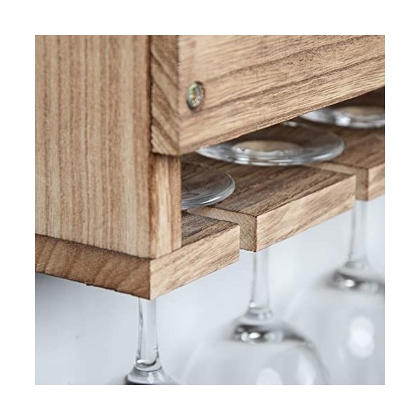 Casier à vin mural de rangement, casier à vin pour bouteilles en bois avec supports en verre à pied, présentoir de stockage d