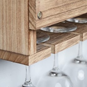 Casier à vin mural de rangement, casier à vin pour bouteilles en bois avec supports en verre à pied, présentoir de stockage d