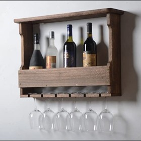 PUCHEN Casier à vin Mural et Porte-Verre, Porte-Bouteilles de vin en Bois et Verres à Pied, Rangement Mural pour Cuisine à Do