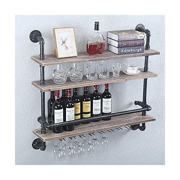 LANAZU Casier à vin Mural Industriel, casier à vin Flottant Antique à 3 Niveaux, casier à vin décoratif de Bar, adapté aux Re
