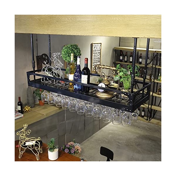 TZUFA Support à vin Rustique Suspendu, étagère à vin en métal avec Support en Verre, Porte-Bouteille de Champagne, Support de