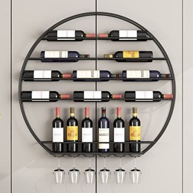 TZUFA Casier à vin Rond Mural, étagère de Stockage de vin en métal avec Support de Verre à vin, Support de Stockage de vin à 