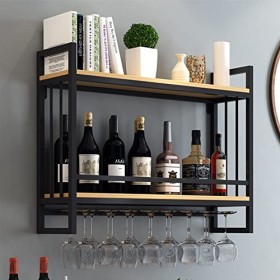 TZUFA Casier à vin Industriel, étagère à vin Murale à 2 Niveaux, métal et Bois, étagère de Stockage de vin, Support de vin Su