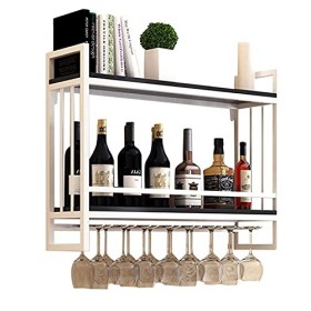 TZUFA Casier à vin Mural à 2 Niveaux, étagère en métal et en Bois, étagères à vin flottantes avec Support pour Verres à vin, 