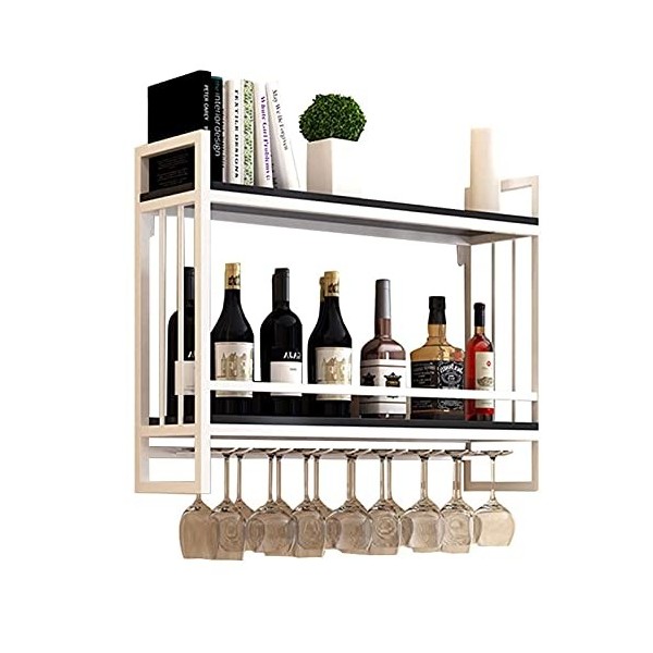 TZUFA Casier à vin Mural à 2 Niveaux, étagère en métal et en Bois, étagères à vin flottantes avec Support pour Verres à vin,