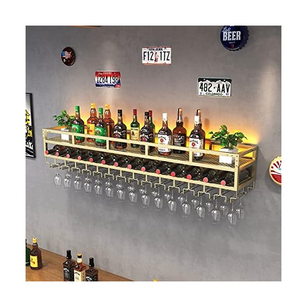 Casier à vin Mural Industriel avec Support en Verre – Étagères de Bar élégantes avec lumières décoratives – Étagère à vin Flo