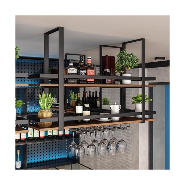 EsEntL Porte-verre à vin à lenvers, étagère à vin au plafond, support industriel pour bouteilles de vin, étagères de bar flo