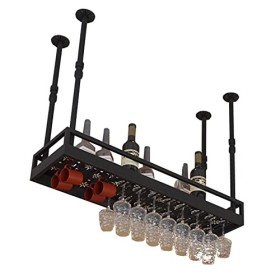 TZUFA Casier à vin de Plafond, étagère de Rangement à vin en métal Noir avec Support en Verre pour Verres à Pied, Support à v