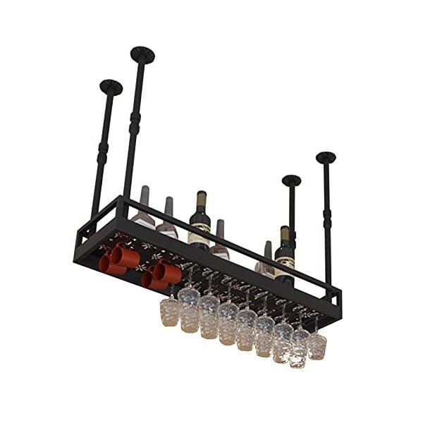 TZUFA Casier à vin de Plafond, étagère de Rangement à vin en métal Noir avec Support en Verre pour Verres à Pied, Support à v
