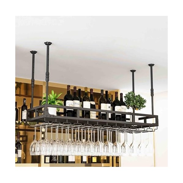 SioNS Casier à vin suspendu, casier à vin au plafond et support en verre, étagère à vin en métal réglable, support de verre à