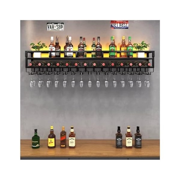 Étagère à Vin Murale Étagères Flottantes For Unité De Bar, Casier À Vin Mural De Style Industriel À 2 Couches, Casier À Verre