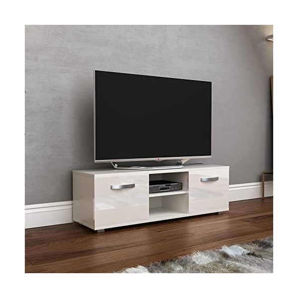 Vida Designs Cosmo Meuble TV Moderne 2 Portes en MDF Mat Brillant Blanc 120 cm, 120 cm sans LED
