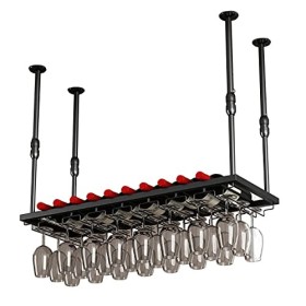 Casier à vin mural en métal, organisateur de bouteilles et de verres, support de stockage de vin au plafond, présentoir à vin