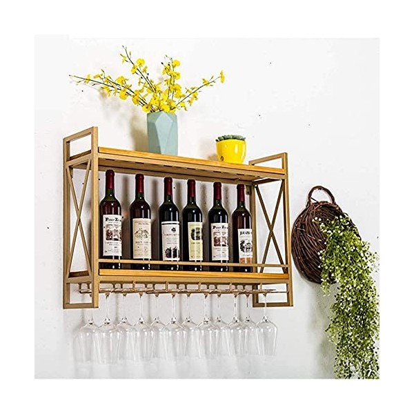 Casier à vin suspendu mural en métal massif stratifié en bois massif suspendu porte-gobelet à tige haute inversé support de b