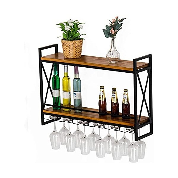 Casier à vin suspendu mural en métal massif stratifié en bois massif suspendu porte-gobelet à tige haute inversé support de b