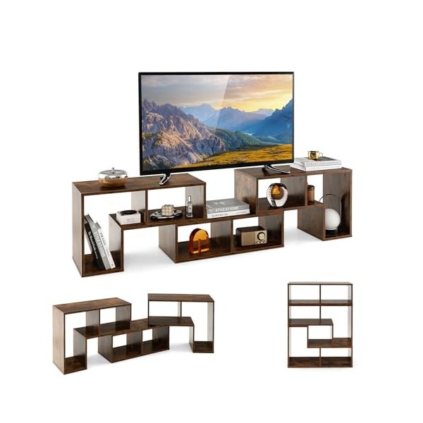 COSTWAY Meuble TV 6 Compartiments en 3 Pcs Modulaire, Banc TV Extensible 140-170cm pour TV 65" au Max, Meuble Télé Étagère Mo