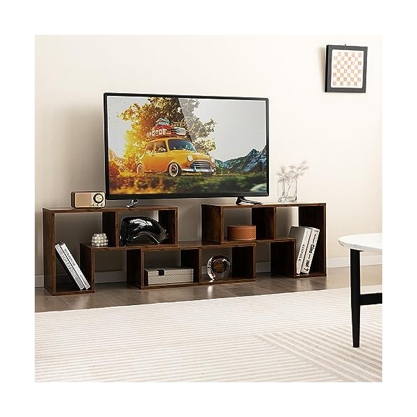 COSTWAY Meuble TV 6 Compartiments en 3 Pcs Modulaire, Banc TV Extensible 140-170cm pour TV 65" au Max, Meuble Télé Étagère Mo