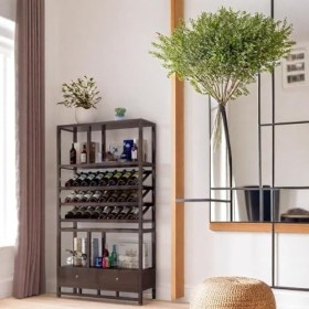 Wooden Wine Bar Cabinet with Barn Door, 24-Bottle Metal Wine Storage Rack, Home Bar Cabinet Wine Cabinets for Dining Room Win