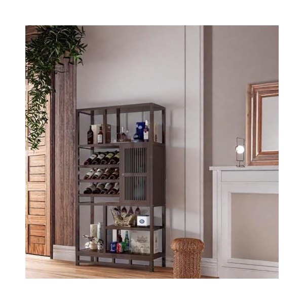 Wooden Wine Bar Cabinet with Barn Door, 24-Bottle Metal Wine Storage Rack, Home Bar Cabinet Wine Cabinets for Dining Room Win