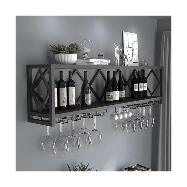 Casier à vin Mural, étagère à Bouteilles de vin en Fer à 2 Niveaux avec Support à Verres à Pied, présentoir de Stockage de vi