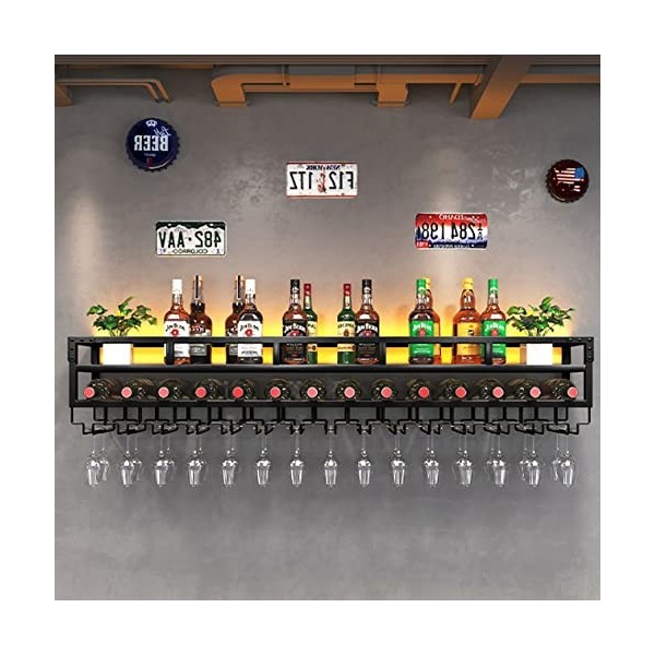Casier à vin Mural – Porte-Bouteilles Industriel avec Support en Verre – Étagères de Bar élégantes avec lumières décoratives 