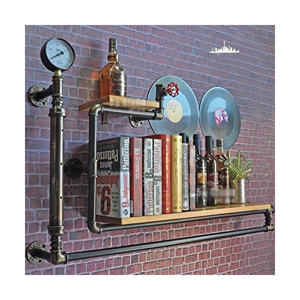 Casier à vin, loft Tuyau en Fer forgé Mur en Bois Massif Suspendu casier à vin Bar casier à vin, présentoir