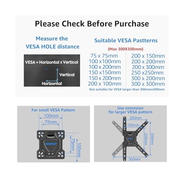 MOUNTUP MU0018 Support mural à mouvement complet pour la plupart des téléviseurs de 26 à 50 pouces, VESA max 300 x 300 mm ave