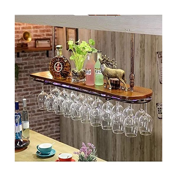 Casier à vin en fer suspendu, avec néon, support à verres à vin en forme de U à lenvers, réglage à 5 vitesses, étagère en bo