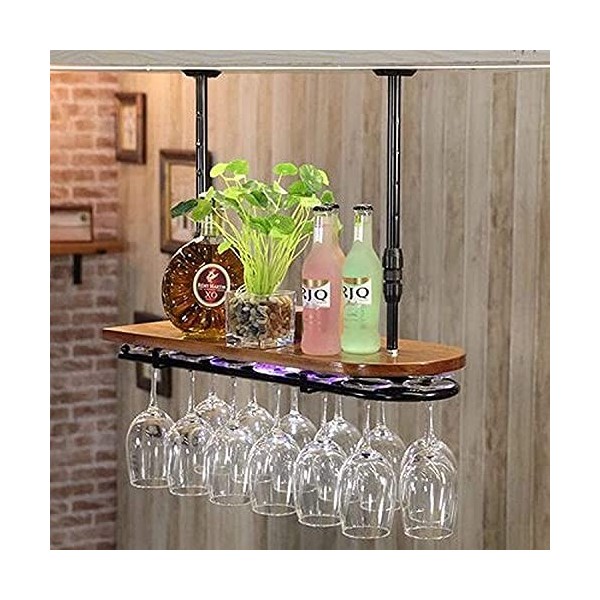 Casier à vin en fer suspendu, avec néon, support à verres à vin en forme de U à lenvers, réglage à 5 vitesses, étagère en bo