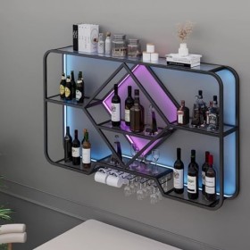 Casier À Vin Mural À LED, LED Industrial Wine Rack Wall Mounted Meuble Bar Étagères Flottantes Porte-verres À Vin Inversé Pou