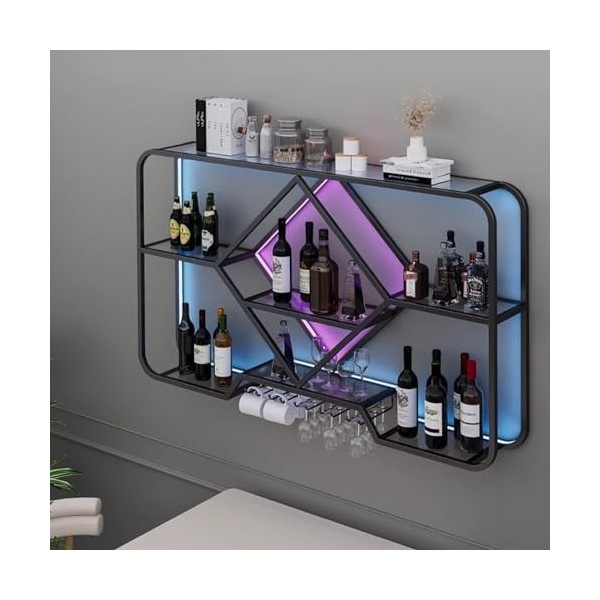 Casier À Vin Mural À LED, LED Industrial Wine Rack Wall Mounted Meuble Bar Étagères Flottantes Porte-verres À Vin Inversé Pou