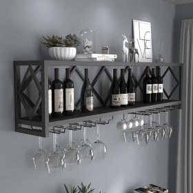 Casier à vin Mural, étagère à Bouteilles de vin en Fer à 2 Niveaux avec Support à Verres à Pied, présentoir de Stockage de vi