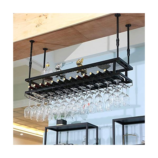 Cadre de verre à vin en verre Casier à vin en fer forgé au plafond, hauteur et espacement réglables, casier à vin multifoncti