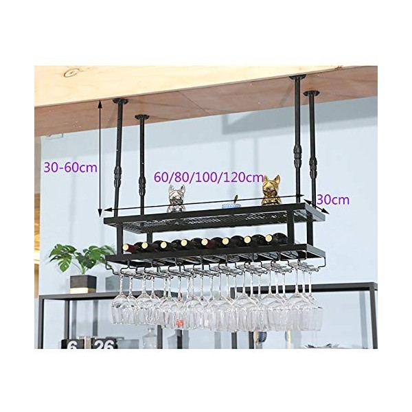 Cadre de Verre à vin en Verre Casier à vin en Fer forgé au Plafond, Hauteur et espacement réglables, casier à vin Multifoncti