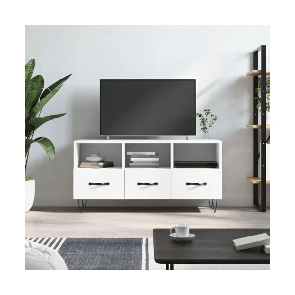 Meuble TV Blanc 102x36x50 cm Bois dingénierie - Meuble TV, Armoire Basse Centre, Support Télé pour Salon Chambre,
