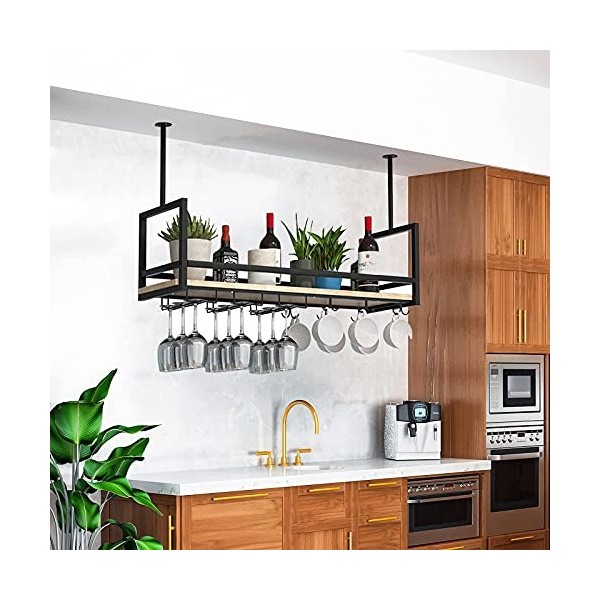 GLFNB Étagère de Plafond Étagère à Vin, Étagère Flottante de Bar Industriel, Porte-Verre à Vin Gobelet en Fer à lenvers, ave