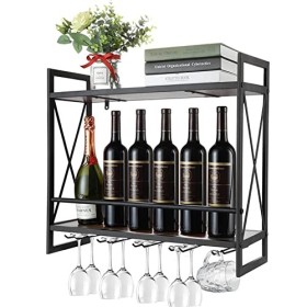 GttuiT Casier à vin Suspendu, présentoir Industriel à 2 Niveaux, casier à vin en Bois Support Mural casier à vin étagère de B