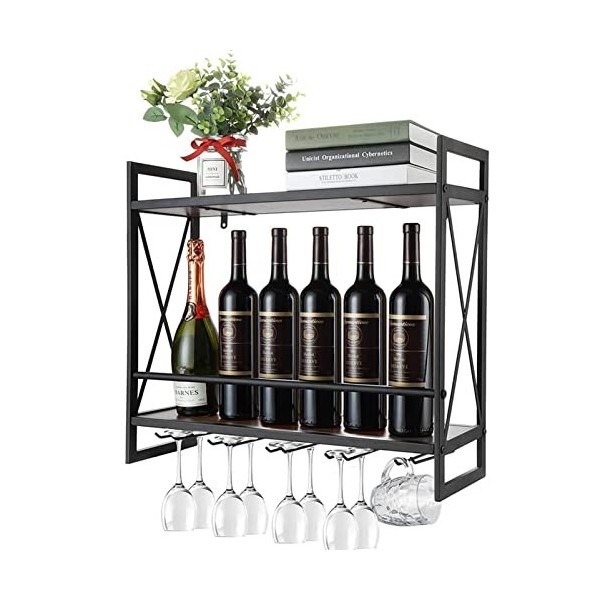 GttuiT Casier à vin Suspendu, présentoir Industriel à 2 Niveaux, casier à vin en Bois Support Mural casier à vin étagère de B