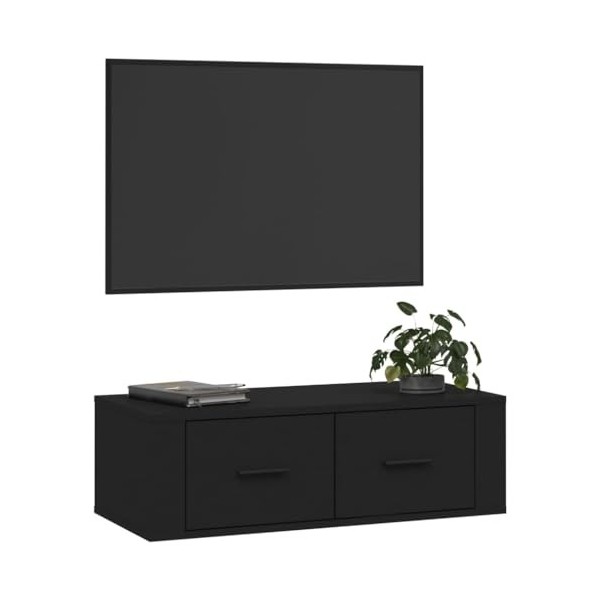 Hovothy Meuble TV Suspendu Noir 80x36x25 cm Bois dingénierie Armoire Télévision Décoration Salon Intérieure Dessus Robuste V