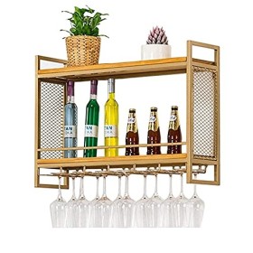 Casier à vin mural à suspendre pour verres à vin, champagne, verres à pied, en métal et en bois, support à vin pour bouteille