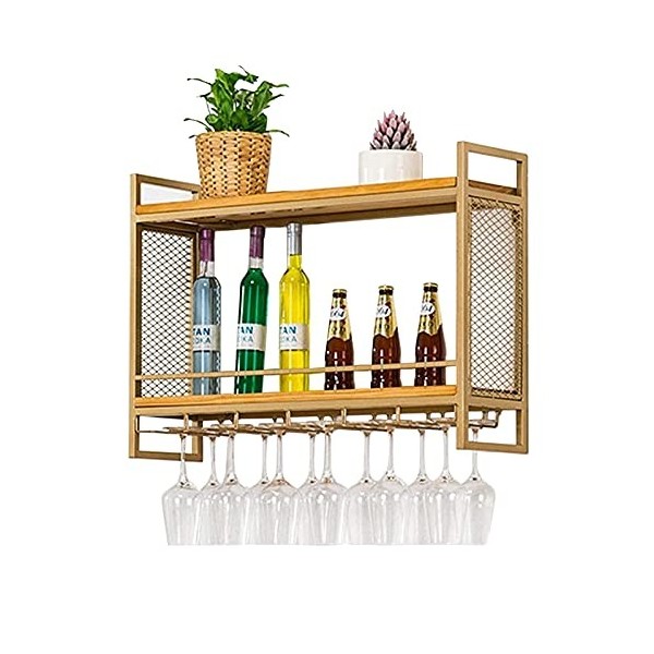 Casier à vin mural à suspendre pour verres à vin, champagne, verres à pied, en métal et en bois, support à vin pour bouteille