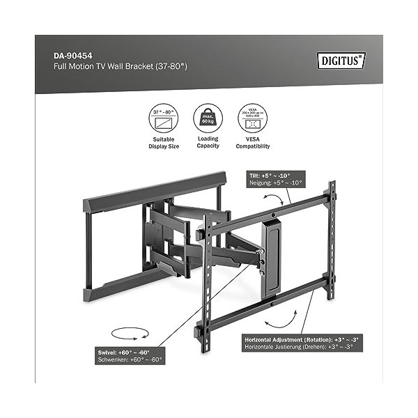 DIGITUS Support TV Mural Full-Motion - pour téléviseurs ou moniteurs 37-80" - Charge Max. 60 kg - VESA 200x100 à 600x400 - Ex