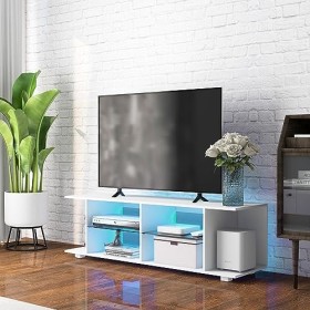HOMCOM Meuble Banc TV sur Pieds avec lumières LED - 2 étagères en Verre trempé pour télévision jusquà 60 Pouces Style Contem