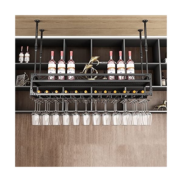 Casier à vin Suspendu Industriel, casier à Verres à vin au Plafond réglable, avec Support en Verre et étagère, casier à Verre