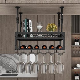 Casier à vin Suspendu Industriel, casier à Verres à vin au Plafond réglable, avec Support en Verre et étagère, casier à Verre