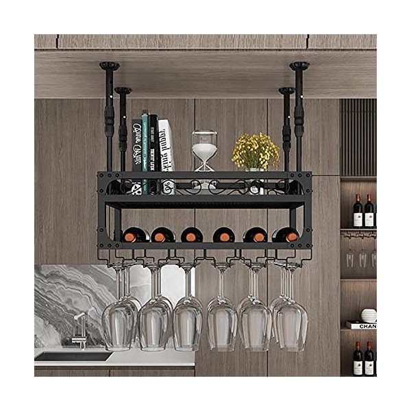 Casier à vin Suspendu Industriel, casier à Verres à vin au Plafond réglable, avec Support en Verre et étagère, casier à Verre