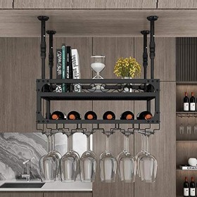 Casier à vin suspendu industriel avec support en verre et étagère, support à verre à vin au plafond réglable, support à verre