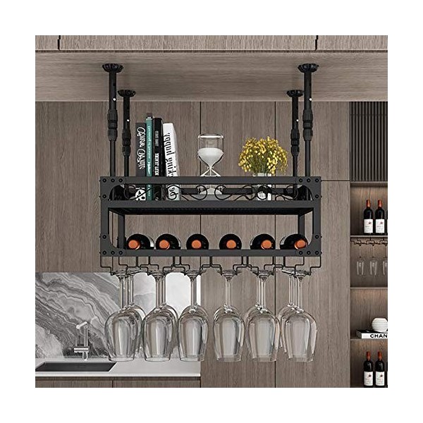 Casier à vin suspendu industriel avec support en verre et étagère, support à verre à vin au plafond réglable, support à verre