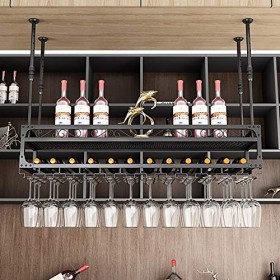 Casier à vin suspendu industriel avec support en verre et étagère, support à verre à vin au plafond réglable, support à verre